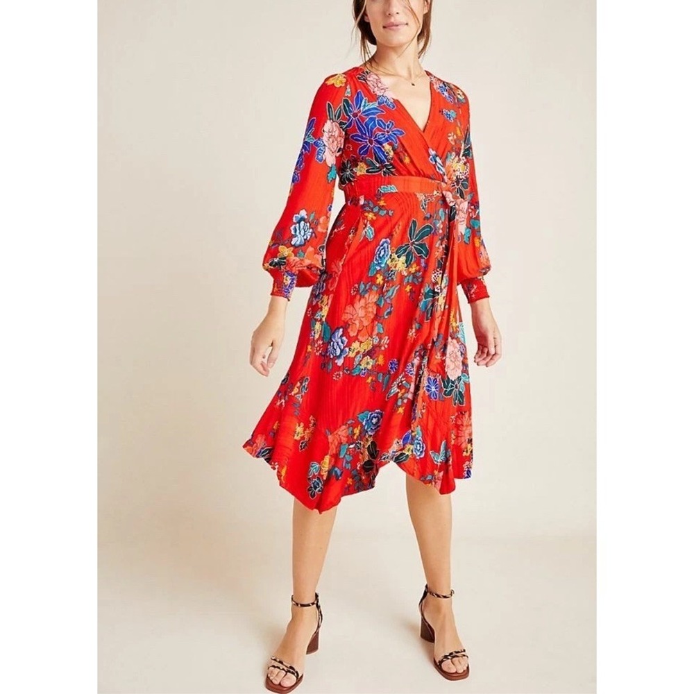 Anthropologie Boswell Textured Wrap Tunic Dress Red Floral Woman's Sz 12